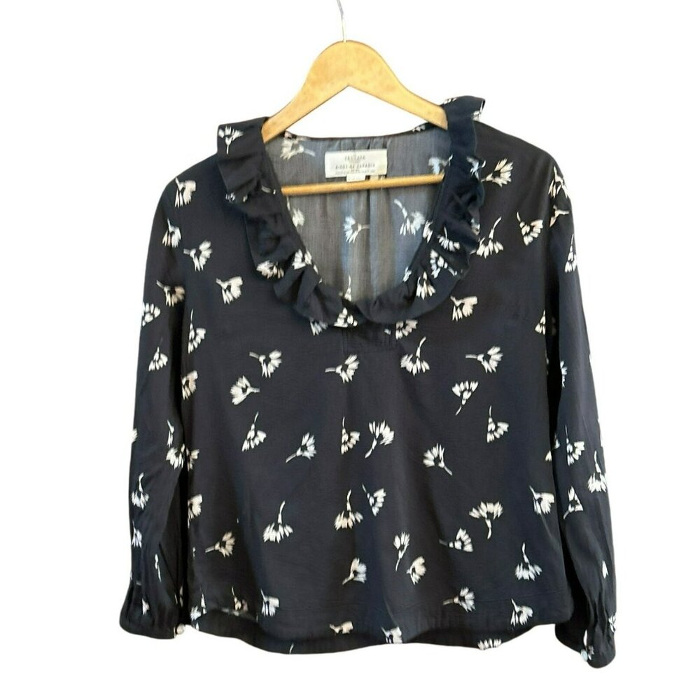 Trovata Birds Of Paradis Extra Small Ruffle Collar Blouse Leaf Print Pullover